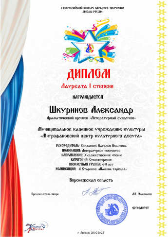Всероссийский конкурс народного творчества "Звёзды России" Лауреат 1 степени Шкуринов Александр